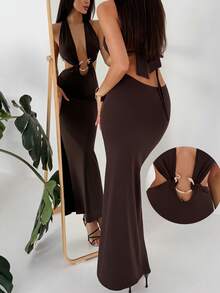 Aloruh Women's Sexy Backless Halter Tie-Up Extra Long Sleeveless Mermaid Dress - Brown - View 1
