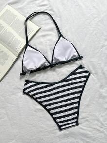 SHEIN 少女条纹黑白撞色针织提花吊带背心，海滩度假夏季 - 黑與白 - 查看 2