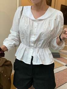 DAZY 女士优雅刺绣修身长袖衬衫，春季款 - 白色 - 查看 9