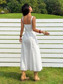 SHEIN EZwear White Woven Romantic Vacation Style Sleeveless Slit Thigh Dress - White - View 2