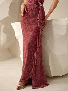 Coutiva 甜心领口泡泡袖花卉贴花荷叶边下摆优雅新娘母亲礼服 - 乾枯玫瑰色 - 查看 7