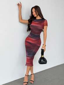 SHEIN PETITE Đầm dài tay ngắn in họa tiết lưới thời trang cho nữ, quần áo nữ mùa xuân/hè, trang phục mùa hè, đầm công sở, đầm midi, đầm đi biển, đầm dự tiệc, đầm tốt nghiệp, đầm công sở cho nữ, đầm sân bay, đầm tuần trăng mật cho nữ, đầm phong cách boho, đầm hè cho nữ - Nhiều màu - Xem 7