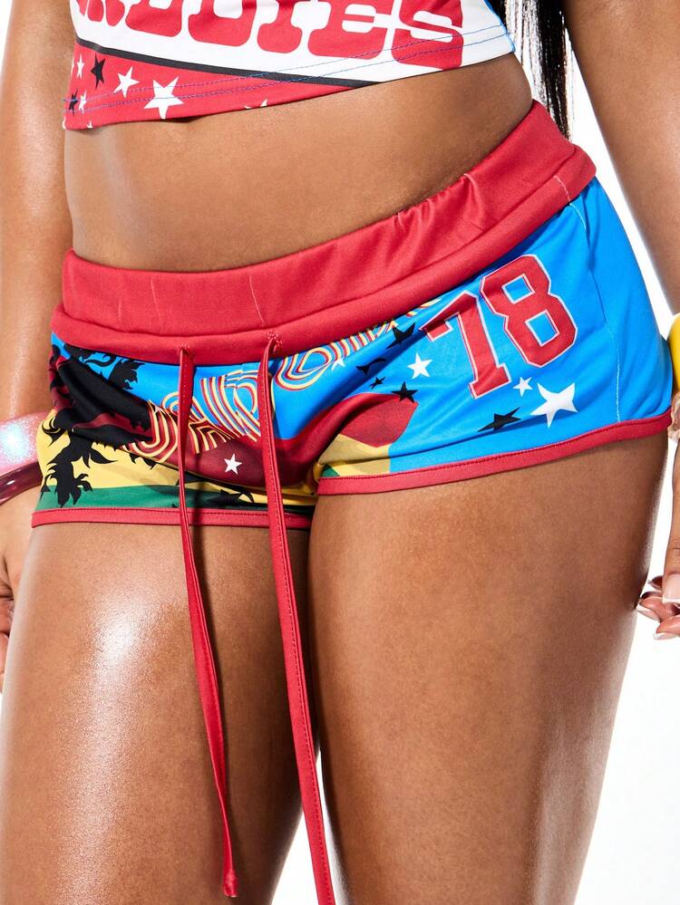 SUMWON Flag Star Print Low Rise Jersey Booty Shorts With Red Trim And Patriotic Graphics
