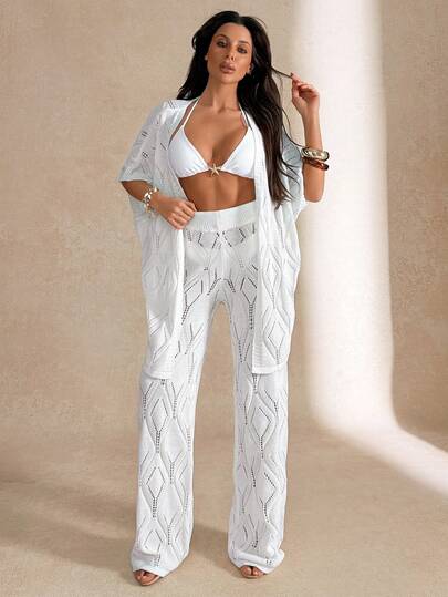 SHEIN 2pcs Hollow Out Knit Cover-Up Set With Kimono Sleeve Top And Wide Leg Pants