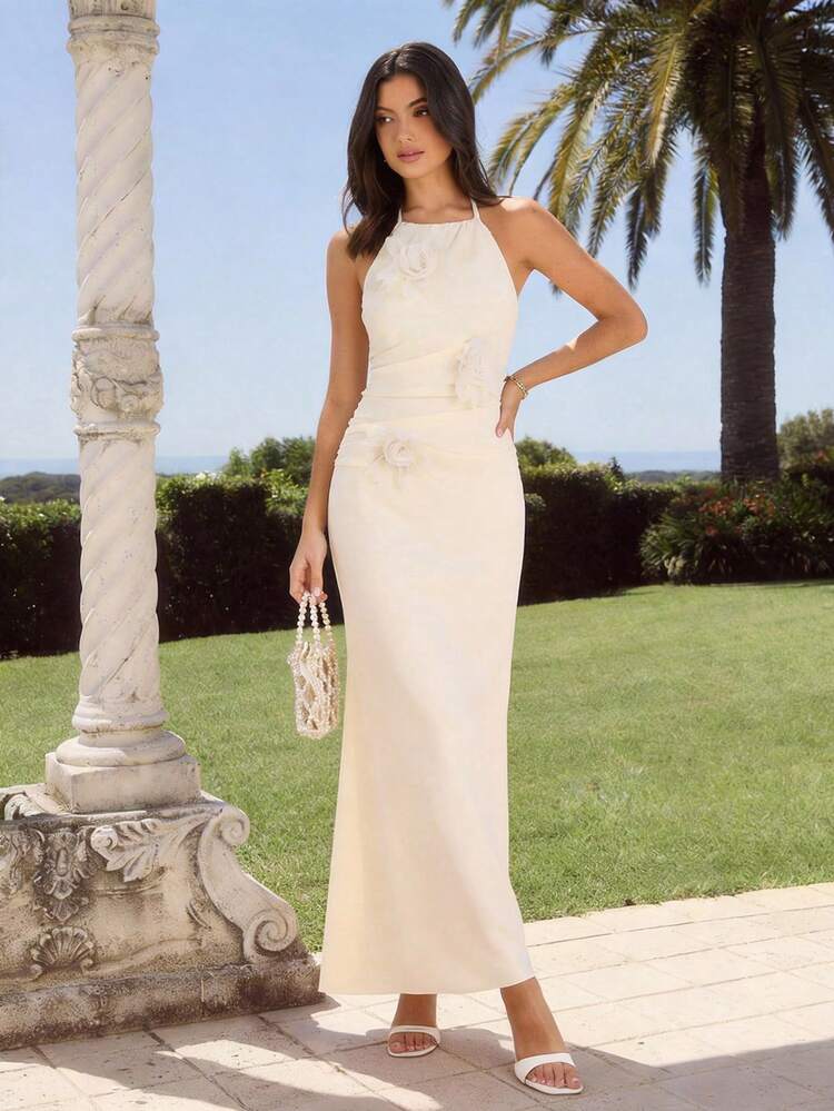 Enchnt فستان صيفي للنساء بطيات ثلاثية الأبعاد بزهور وياقة حلقية - لون مشمشي - مشاهدة 9