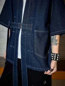 ROMWE MEN Friday the 13th X ROMWE 男士宽松牛仔衬衫，带缎带 - 黑色 - 查看 4