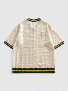 ROMWE MEN Prep Men's Embroidered Knit Sweater, Retro Sporty V-Neck Contrast Color Loose Knit T-Shirt Spring/Summer - Apricot - View 3