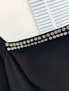 Franclia Women's Elegant Square Collar Rhinestone Waist Shirt - Black - View 5