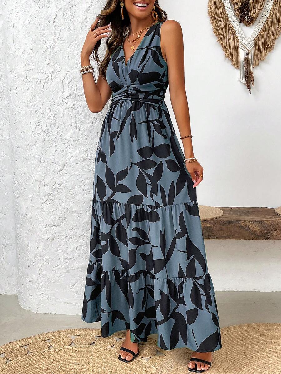 EMERY ROSE Women's V-Neck Sleeveless Dress With All-Over Print And Ruffled Hemline For Summer Maxi Vacation Beach Outfit - Dusty Blue - View 1