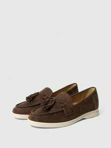 Sleekvia Cómodas y elegantes mocasines casuales de ante color café con diseño de lazo y borlas, adecuados para ir al trabajo, actividades al aire libre, viajes, compras y uso diario - Café integral - Ver 10