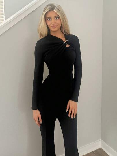 Sydney Algeri 女士柔软不对称垂坠镂空金属扣装饰长袖 T 恤