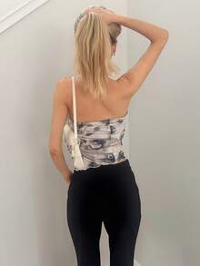 Sydney Algeri 带侧抽绳的抹胸，不对称下摆，复古印花抹胸，秋季上衣，上衣，外出上衣，紧身上衣 - 黑與白 - 查看 2