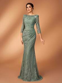 Serin Elegant Luxurious Diamond Beaded Elastic Lace Sheer Sleeve Ruched Mermaid Skirt, Suitable For Weddings, Parties, Vacations, Balls, Holidays, Bride & Mother Of The Bride Evening Gowns - Green - View 4