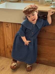 DAZY Áo thun ngắn tay cổ bẻ kiểu Hàn Quốc cho bé gái, chất liệu denim mài, dễ thương, thích hợp mặc mùa hè. - Màu xanh lam - Xem 8