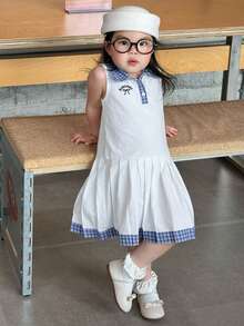 DAZY 女婴翻领格子韩版无袖英文印花休闲夏季连衣裙 - 白色 - 查看 7