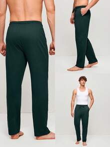 LUVLETTE 春夏男士深绿色基础款柔软100%纯棉睡裤家居服外穿透气睡裤秋季睡衣 - 墨綠色 - 查看 2