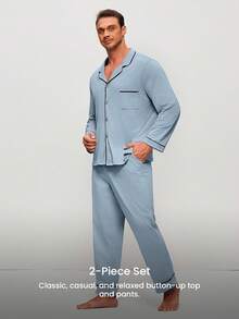 LUVLETTE Plus Size Spring And Summer Soft 100% Pure Cotton Sky Blue Basic Long Button-Up Top & Pants Pajama Sets For Men Lounge Sets For Men Pants With Pockets Pyjama - Blue - View 8