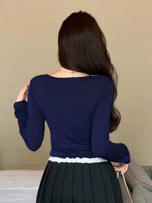 DAZY Women's V-Neck Long Sleeve Fitted 2 In 1 Slit Hem Elegant City Casual T-Shirt - Navy Blue - View 4