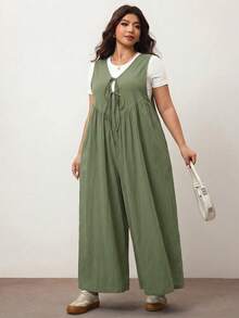 Enliva Macacão feminino plus size de pernas largas com amarração frontal e bolsos, modelagem solta, ideal para corpo tipo maçã/Ano Novo (2026), perfeito para o verão. - Verde de Exercício - Ver 5