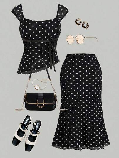 SHEIN MOD Plus Size Black Polka Dot Bow Tie 2-Piece Set: Asymmetric Hem Top & Fishtail Skirt, Vintage 2-Piece Outfit Polka Dot Outfit Vegas Outfits Black And White Outfits Black And White Polka Dot Outfit Skirt Sets, Summer Outfits