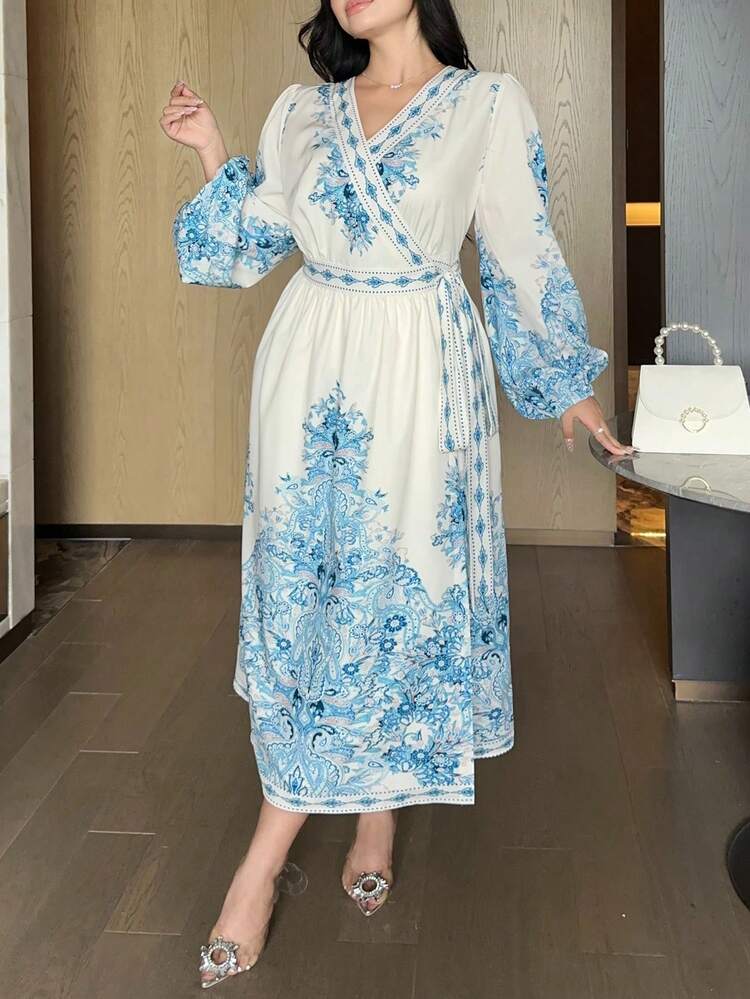 Dazy Plus Floral Print V-Neck Lantern Sleeve Waist Cinched Elegant Maxi Dress For Plus Size Women, Spring/Summer Sundress Boho