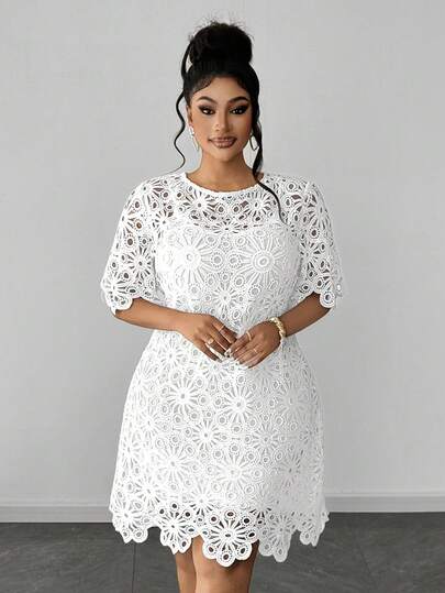 Maweii Vestido de manga corta con cuello redondo hueco de unicolor talla grande