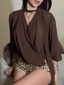 Abrilcols Women Loose Solid Color Long Sleeve Tie Shirt Blouse,Long Sleeve Tops,Fall Clothes - Brown - View 3