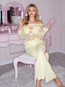 蕾丝扭结露肩长袖睡衣套装，甜美性感，女士适用 - 黃色 - 查看 1