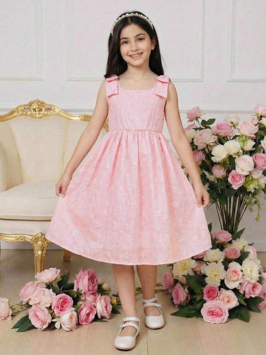 Glamorique Kids 优雅韩式甜美可爱3D蝴蝶结吊带无袖A字休闲时尚连衣裙，公主裙，适合节日派对、生日礼物、情人节、度假、日常穿着 - 粉色 - 查看 1