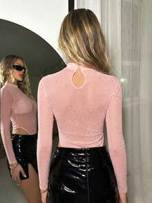 SHEIN ICON Women's Solid Color Stand Collar Long Sleeve Sequin Mesh Sexy Bodysuit - Pink - View 2