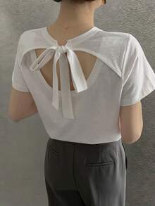 DAZY Camiseta casual de mujer de unicolor con cordones y encaje, para verano - Blanco - Ver 7