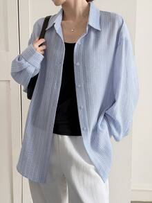 DAZY Women's Striped Drop Shoulder Long Sleeve Single-Breasted Casual Regular Jacket - Blue - View 6