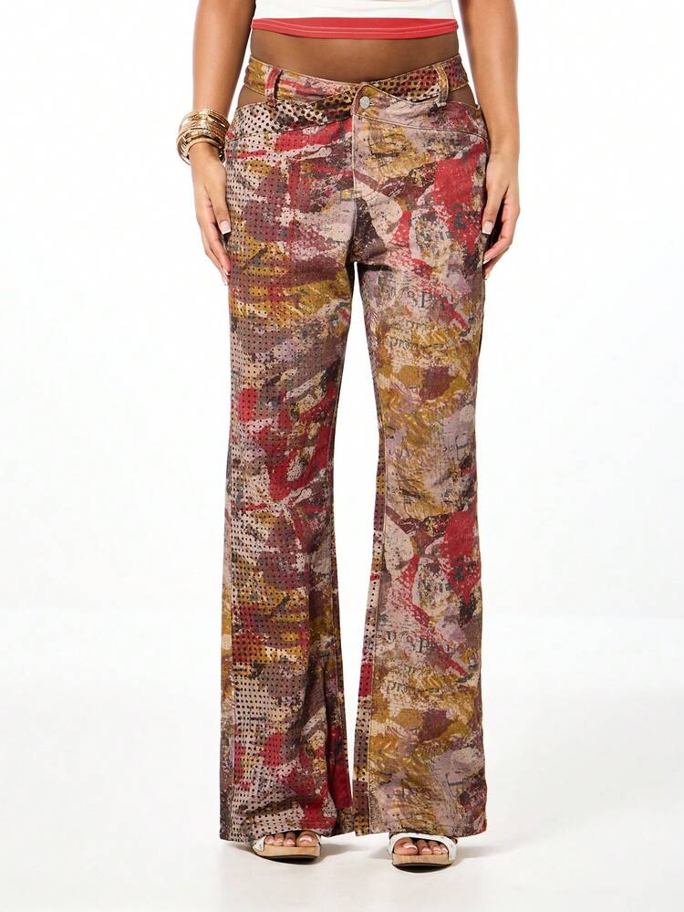 SUMWON Pantalones de mezclilla con estampado abstracto, cintura con detalle de recorte y campana, estilo retro de moda para mujer