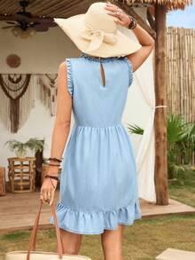 EMERY ROSE Women's Casual Ruffle Hem Sleeveless Denim Dress - Light Wash - View 2