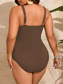 Swim Vcay Plus Size Women Solid Color Ruched One-Piece Swimsuit, Suitable For Beach Vacation, Pool Party, Beach Party - Brown - View 2