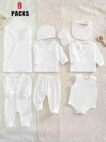 Bộ đồ dệt kim 3 món cho bé sơ sinh trai/gái: Áo liền thân dài tay cổ tròn, thiết kế phối sọc, cài nút; Quần liền thân; Mũ. Màu trắng tinh khiết, đồ ngủ và đồ mặc nhà mùa xuân/hè. - trắng - Xem 1