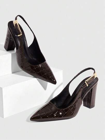 CUCCOO SZL 女士春夏尖头粗跟金属扣性感高跟鞋漆皮鳄鱼纹纯色女式高跟鞋约会日常派对