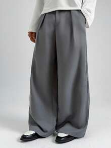 PAVTROS Men's Solid Color Pleated Casual Loose Wide-Leg Pants - Dark Grey - View 4