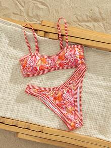 Swim Vcay 2件套新款随机印花可调节肩带性感优雅度假比基尼泳装套装，适合海滩、泳池、派对等场合。 - 彩色 - 查看 5