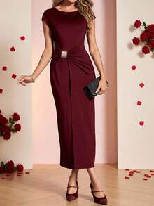 SHEIN Clasi Summer Apricot Shiny Chiffon Round Neck Short Sleeve Fashionable Metal Decor Slim Fit Dress For Women Spring/Summer Summer Outfits For Women Valentine's Day Party Spring Summer Outfits Valentine Day Dress Festival Outfits Women Easter Dress Chinese New Year Outfit Birthday Outfit For Women Prom Dresses - Bold Plum - View 2