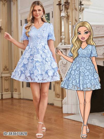 Amorya Women's New Elegant V-Neck Cinched Waist High-End Water-Soluble Embroidered Refined Stylish Short Dress, Suitable For Parties, Weddings And Multiple Occasions Summer Dress Vacation Dresses Blue Dresses For Women Beach Dresses Wedding Guest Dress Sleeve Dress Carnival Costume Carnival Women Look 2026 Women Carnival Costume Carnival Outfit Carnival Costume For Women Women's Carnival Costume Summer Outfits