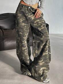 DAZY Women's Loose Fit Camouflage Denim Jeans, Korean Street Style Petite - Army Green - View 6
