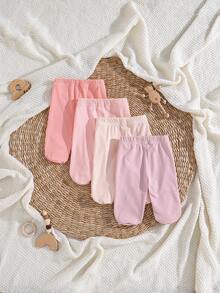 SHEIN 4pcs/Pack Newborn Baby Girls Footie Leggings,Soft Stretchy Ribbed Knit Fabric Solid Color Comfortable Fit Pants,Versatile Daily Wear,0-3 Months - Multicolor - View 2