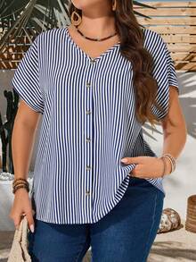 Rosumi 大码女式休闲度假条纹印花V领露肩袖宽松衬衫，夏季蓝白条纹上衣，夏季条纹衬衫，女式教师装 - 藏蓝色 - 查看 2