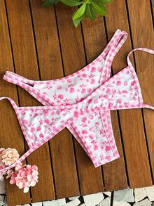 Swim Mod Nuevo conjunto de bikini reversible de dos piezas con estampado floral y a cuadros, Bottom tipo tanga con corte alto, parte superior con acolchado push-up y detalles en contraste, ideal para la playa, la piscina, fiestas de cumpleaños, San Valentín, vacaciones y tomar el sol. - Multicolor - Ver 5