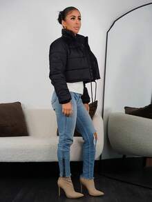 SAYEHFBABY Sexy Zip Up Drawstring Crop Padded Coat In Fall/Winter - Black - View 4