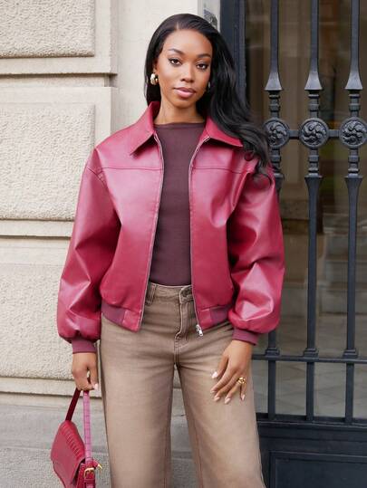 Yess Loren Drop Shoulder Long Sleeve Zip Up Red PU Leather Jacket In Fall/Winter