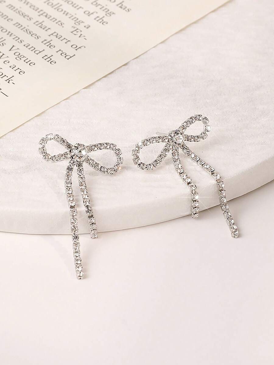 Enchnt 1 Pair Elegant Bowknot With Tassel Earrings, Suitable For Women's Daily Wear Valentines,Mom,Mother,Mother's Day,Gift - Silver - View 1