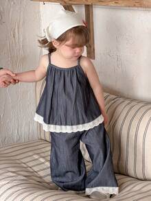 DAZY 2pcs/Set Toddler Girls' Washed Korean Style Lace Camisole & Loose Casual Jeans Pants - Blue - View 3