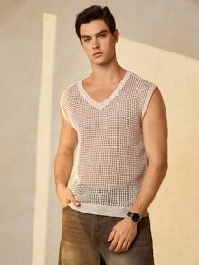 RONVEXI 男士夏季休闲度假纯色V领开襟针织毛衣背心 - 杏色 - 查看 5